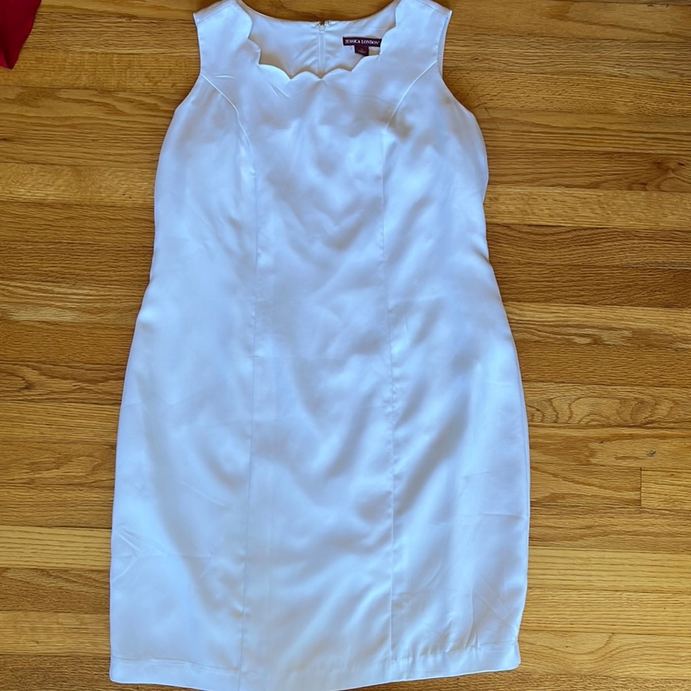 Rehearsal dinner scalloped white dress